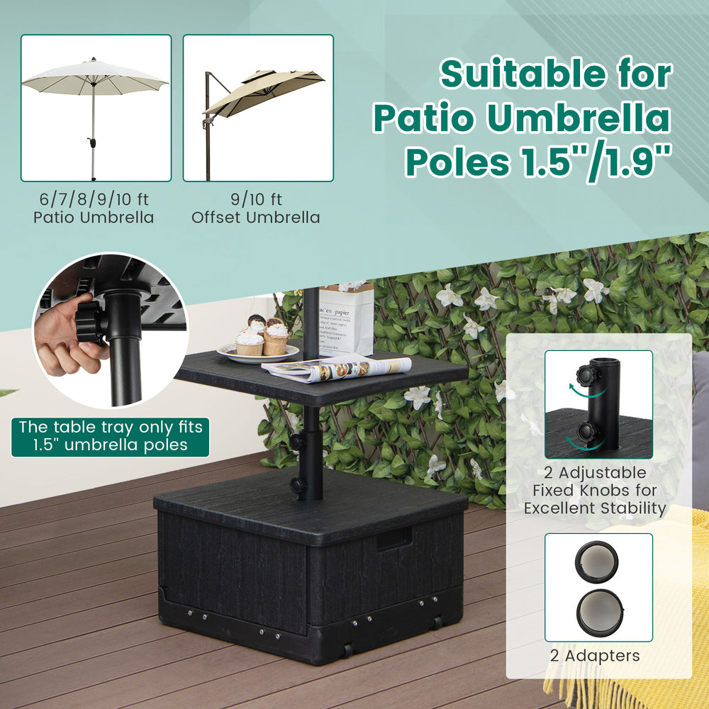 Black 175 lbs outdoor fillable umbrella base with table tray, suitable for 1.5"/1.9" umbrella poles, ideal for patio.