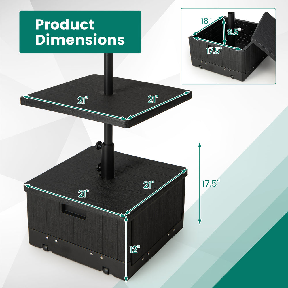 Dimensions of the 175 LBS black outdoor fillable umbrella base with table tray, showcasing stability and versatility.