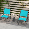 Turquoise outdoor single swing glider rocking chair with armrests, perfect for relaxing on the patio or poolside.
