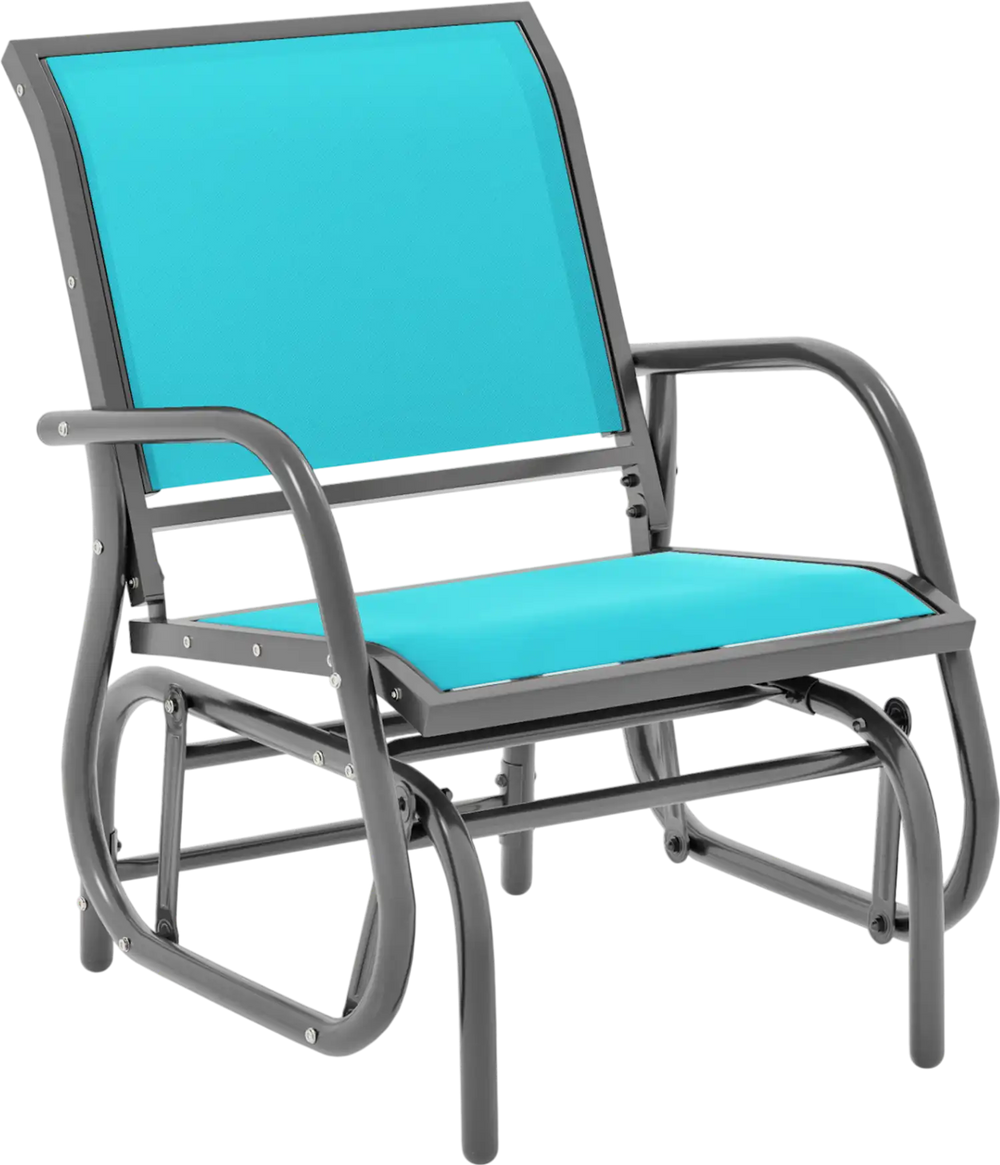 Turquoise outdoor single swing glider rocking chair with armrests, featuring a sturdy powder-coated steel frame for.