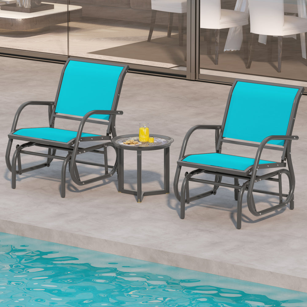 Turquoise outdoor single swing glider rocking chair with armrests, perfect for relaxing by the poolside or patio.