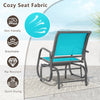 Turquoise outdoor single swing glider rocking chair with armrests, featuring a breathable, rip-resistant fabric for.