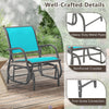 Turquoise outdoor single swing glider rocking chair with armrests, featuring a sturdy steel frame and reinforced.