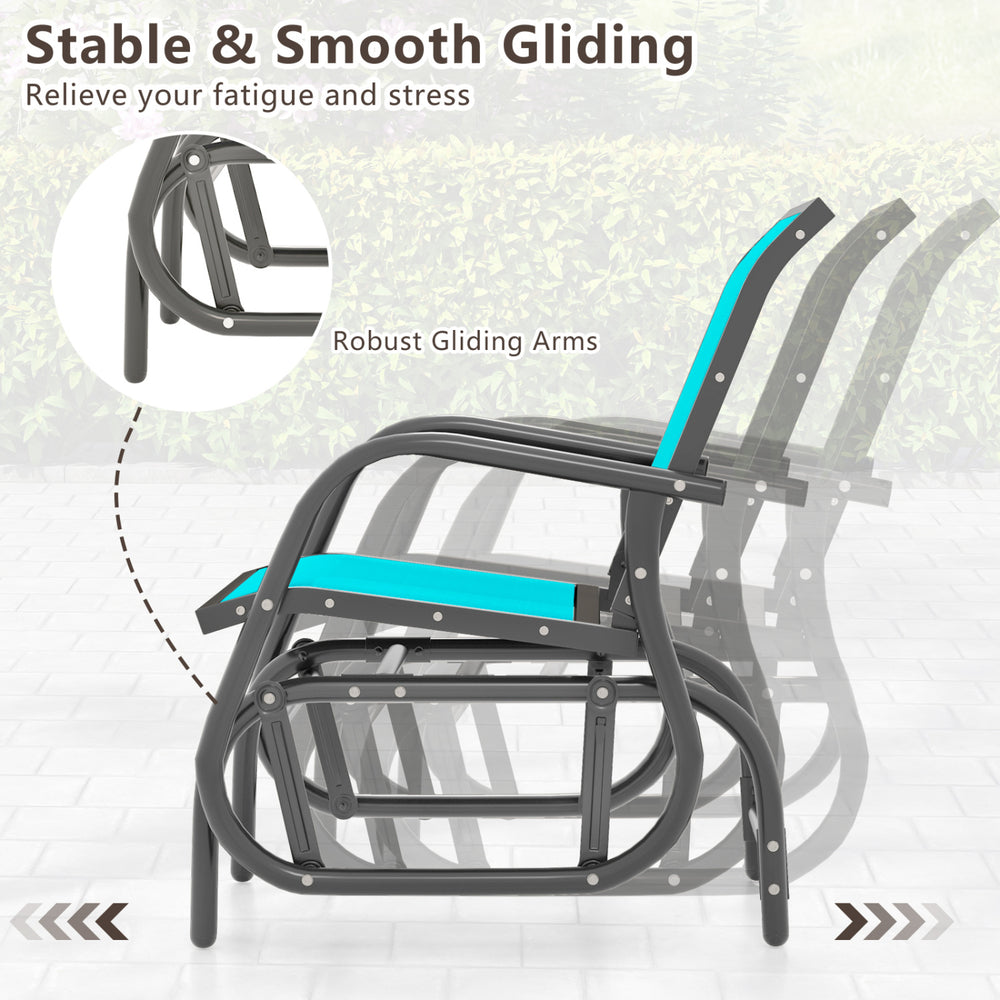 Outdoor single swing glider rocking chair in turquoise with robust gliding arms, perfect for patio relaxation.