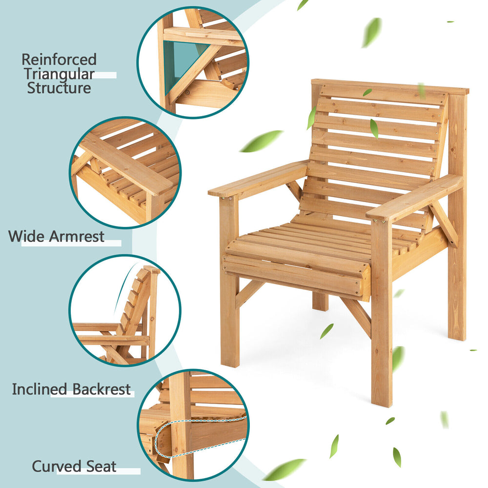 Outdoor solid fir wood chair featuring an inclined backrest, wide armrests, and sturdy triangular structure for patio.