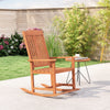 Solid wood outdoor rocking chair with high backrest and slatted seat, perfect for relaxing on the patio or porch.