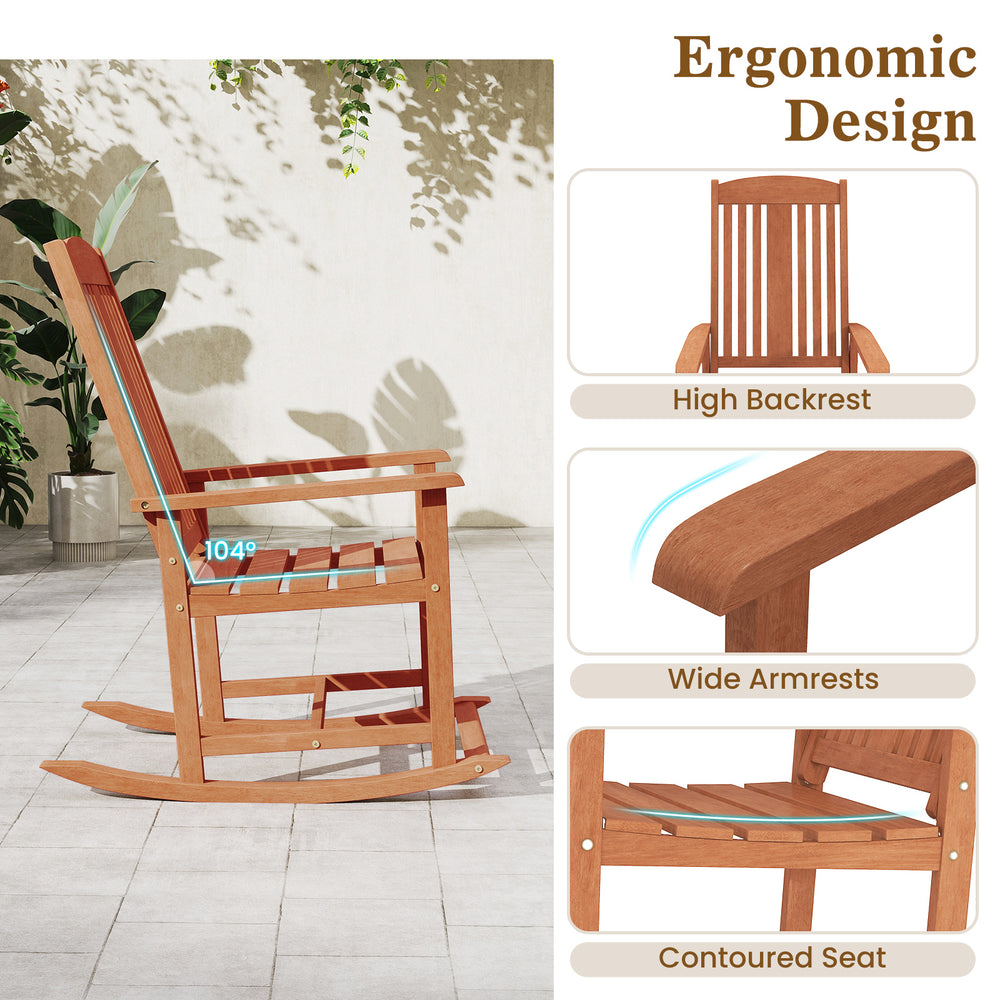 Outdoor rocking chair with solid wood construction, high backrest, and wide armrests, perfect for patio relaxation.