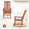 Outdoor rocking chair dimensions showing solid wood construction, high backrest, and slatted seat for patio relaxation.