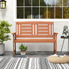 Outdoor solid wood loveseat bench with slatted seat and inclined backrest, perfect for patios and gardens.