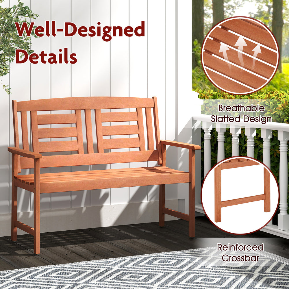 Outdoor solid wood loveseat with slatted seat and inclined backrest, perfect for patios and gardens.