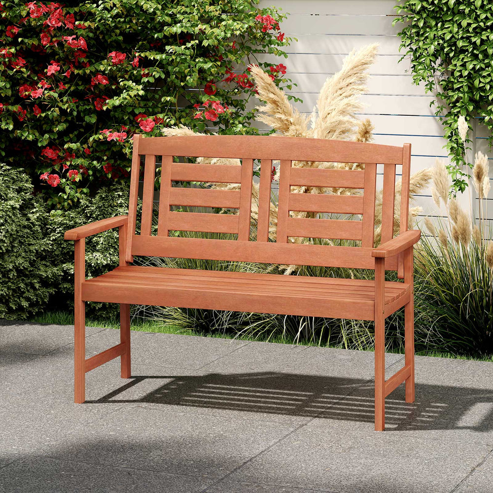 Outdoor solid wood loveseat bench featuring generous armrests and a breathable slatted design for comfortable outdoor.