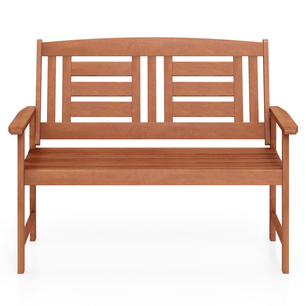 Outdoor hardwood loveseat bench featuring a smooth finish and robust build, perfect for enhancing your balcony or.