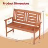 Outdoor solid wood loveseat bench with inclined backrest, slatted seat, and dimensions for patios and gardens.