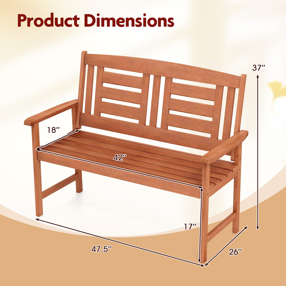 Outdoor solid wood loveseat bench with inclined backrest, slatted seat, and dimensions for patios and gardens.