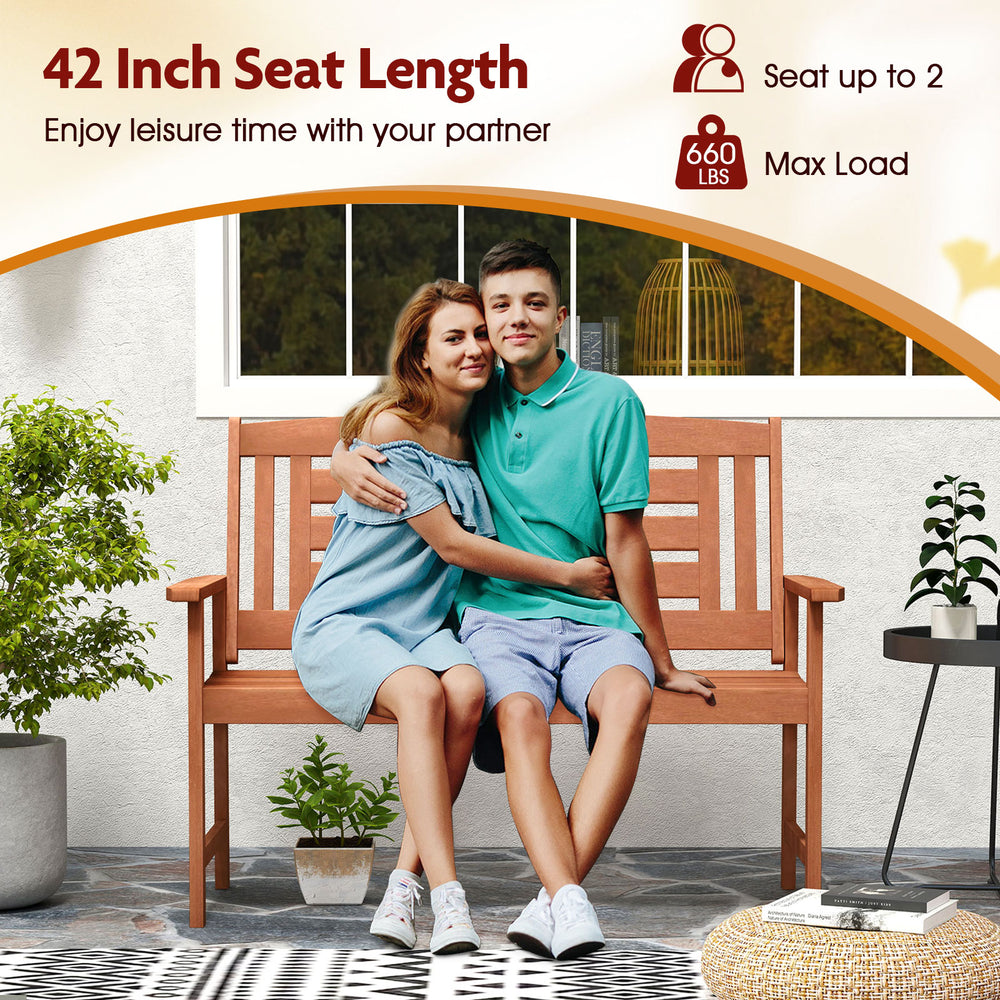 Outdoor solid wood loveseat with inclined backrest, ideal for patios, supporting up to 660 lbs for two people.