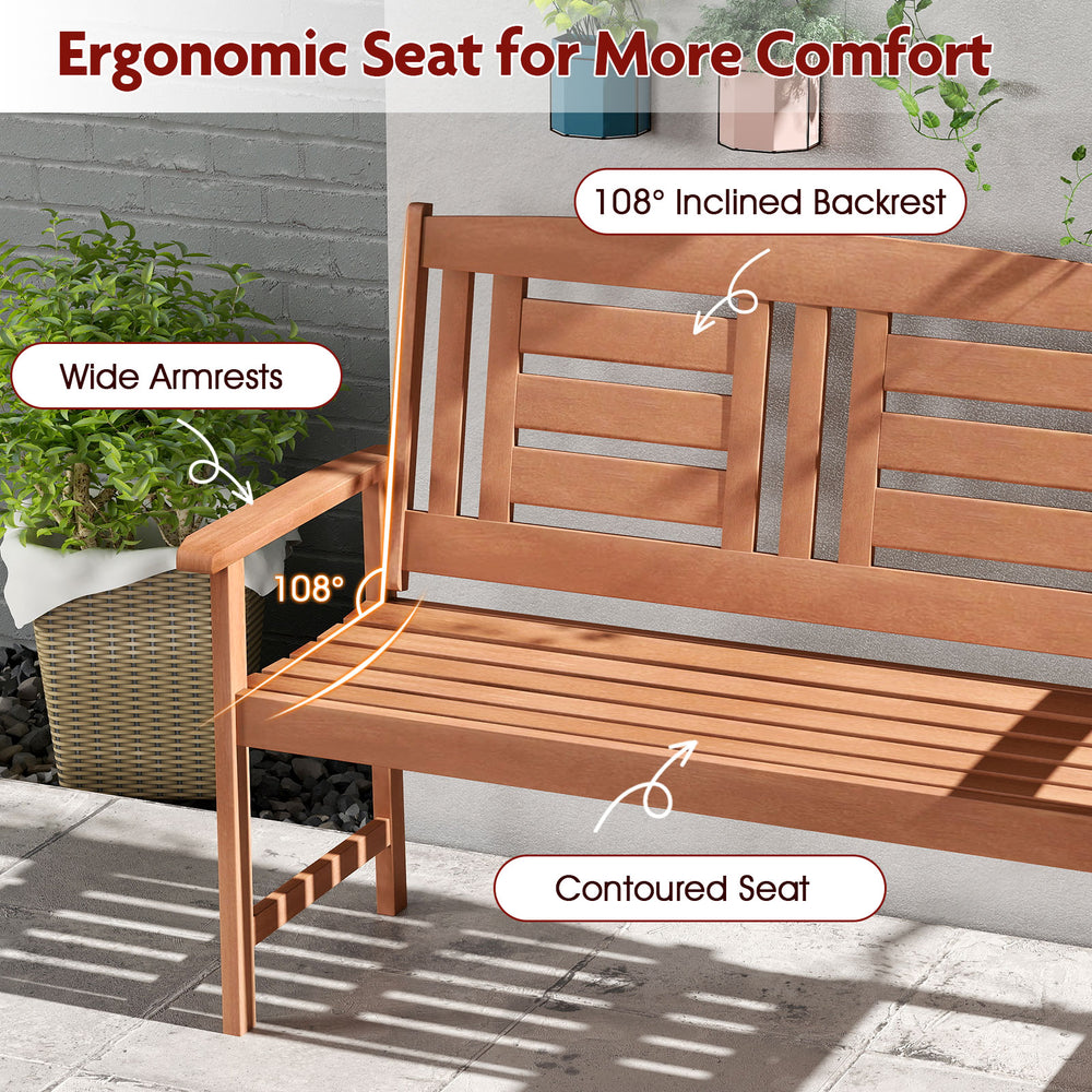 Ergonomic outdoor hardwood loveseat with 108° inclined backrest and wide armrests for optimal comfort and relaxation.