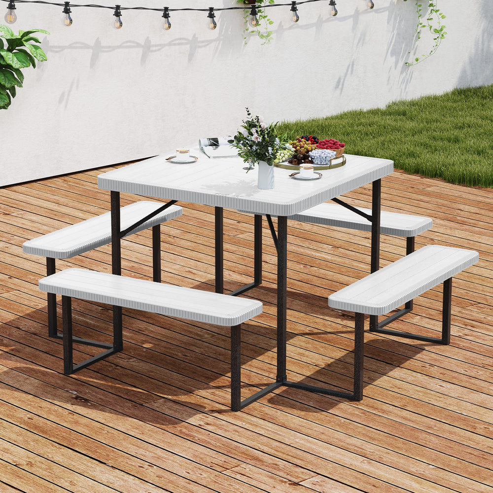Outdoor square picnic table bench set for 4-8 people, featuring HDPE surfaces and an umbrella hole, ideal for patios.