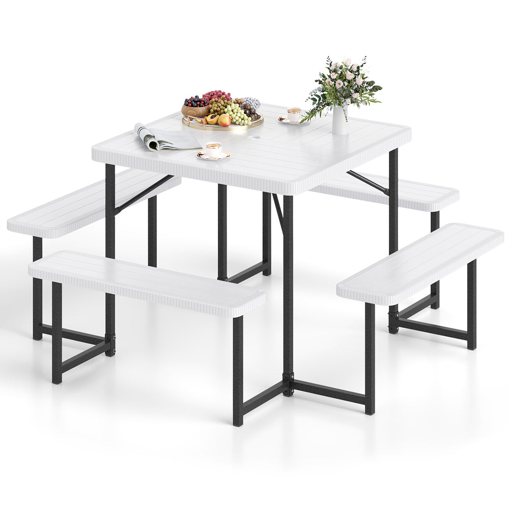 White outdoor square picnic table with 4 benches, designed for 4-8 people, featuring a durable HDPE surface and.