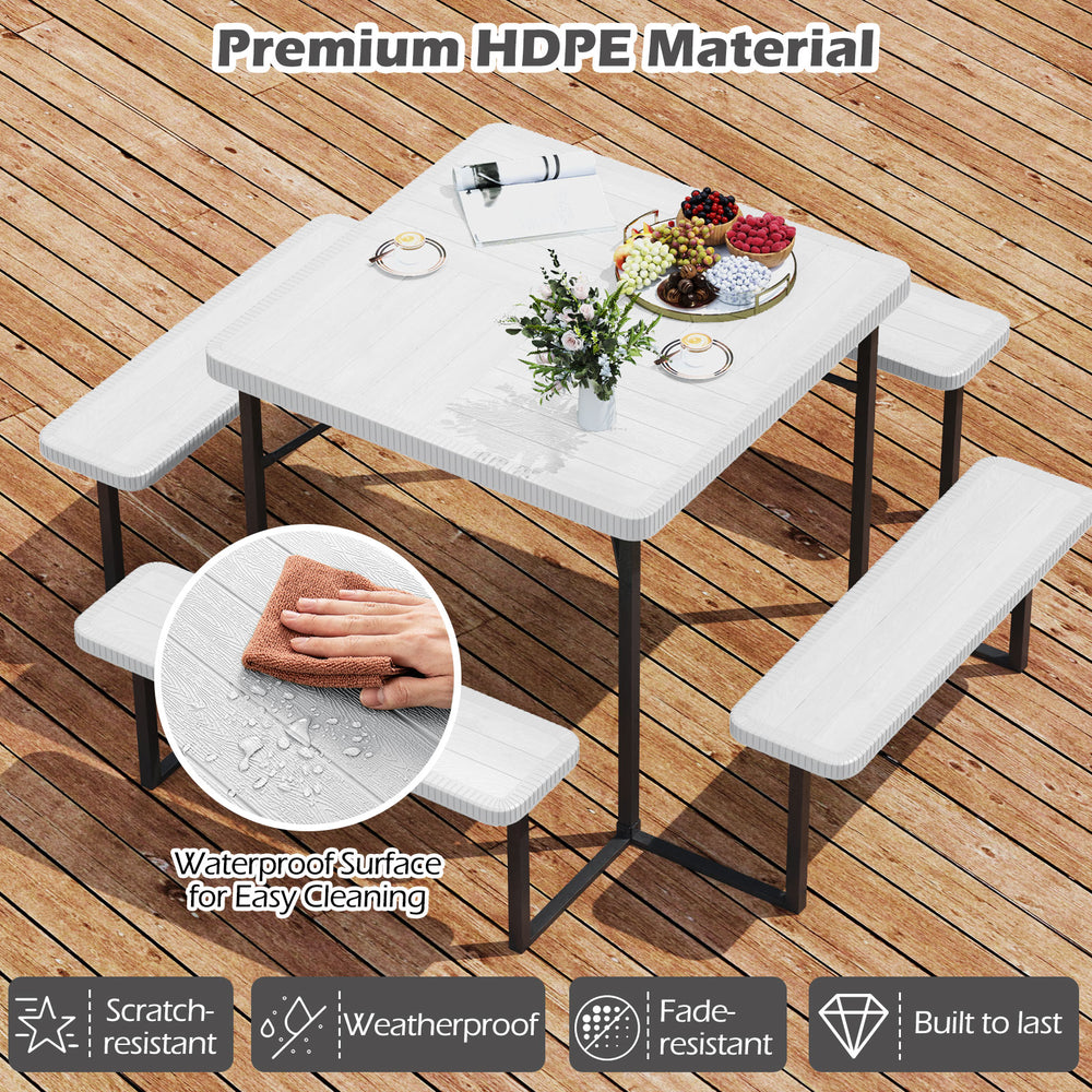Outdoor square picnic table bench set for 4-8 people, featuring waterproof HDPE material and umbrella hole for shade.