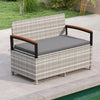 Outdoor storage bench with gray cushion, made of anti-fading PE rattan, ideal for patio or poolside seating.
