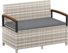 Outdoor storage bench with gray cushion, made of anti-fading PE rattan and acacia wood armrests, perfect for patio use.