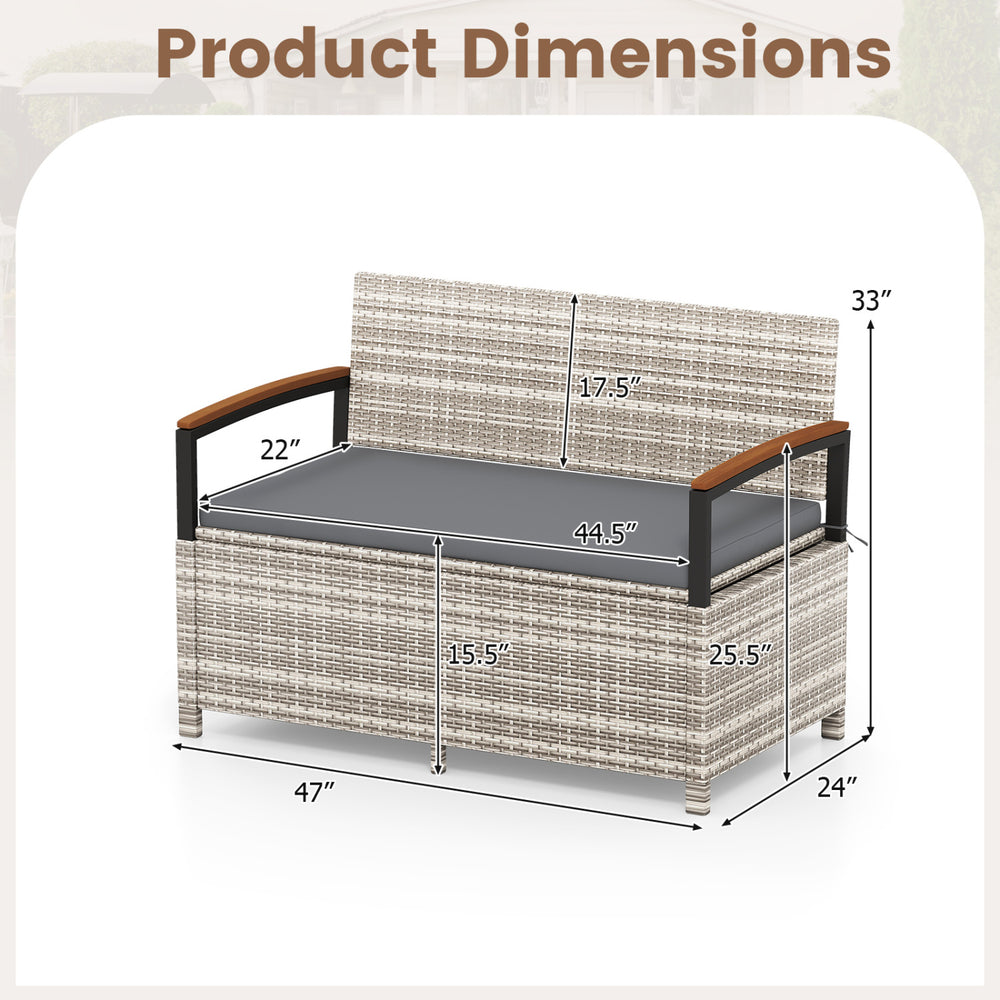 Outdoor storage bench dimensions showing a gray cushion, PE rattan material, and acacia wood armrests for patio use.