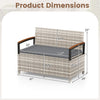 Outdoor storage bench dimensions showing a gray cushion, PE rattan material, and acacia wood armrests for patio use.
