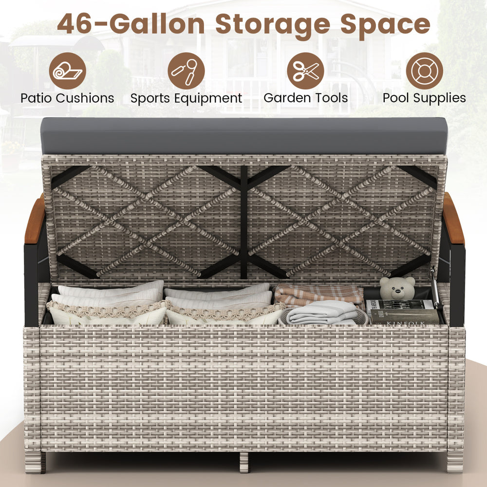 Outdoor storage bench with 46-gallon capacity, gray PE rattan, and cushion, perfect for patio or garden organization.