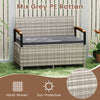 Outdoor storage bench in mix grey PE rattan with cushion, featuring acacia wood armrests for patio comfort.