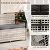 Outdoor storage bench with gray cushion, sturdy metal frame, and anti-slip foot pads, perfect for patio or garden use.