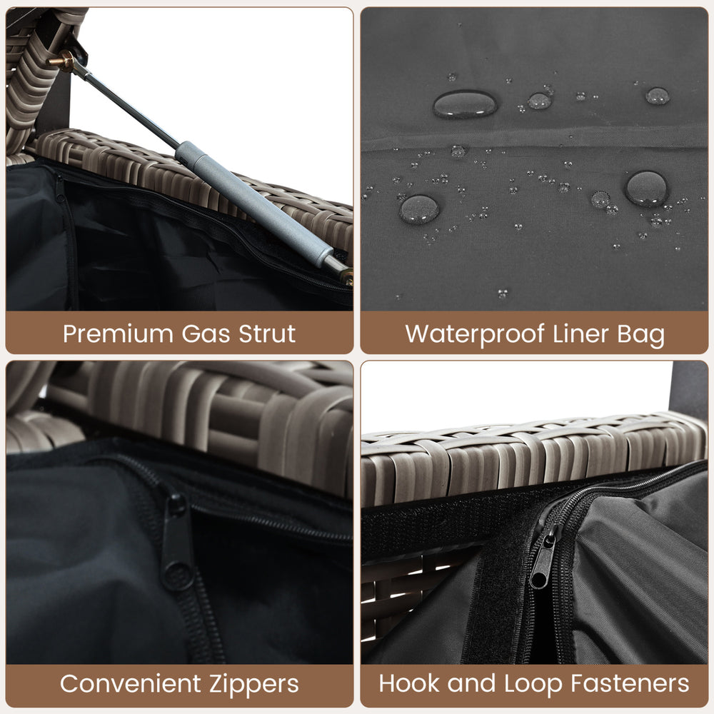 Close-up of the waterproof liner bag and premium gas strut for the gray outdoor storage bench with cushion.