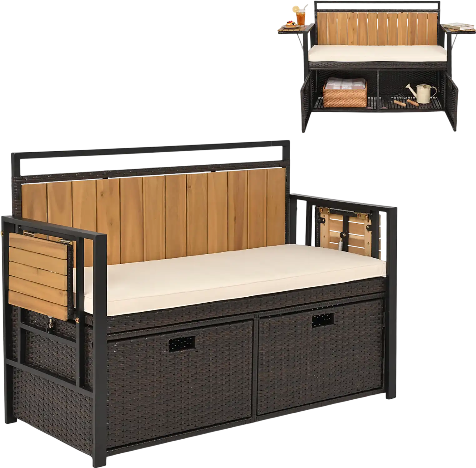 Costway Outdoor Storage Bench 2 Side Tables 2-Seater Seat 72044587 New