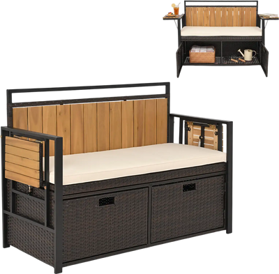 Costway Outdoor Storage Bench 2 Side Tables 2-Seater Seat 72044587 New