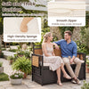 Outdoor storage bench with soft cushion, acacia wood backrest, and two side tables for cozy outdoor lounging.