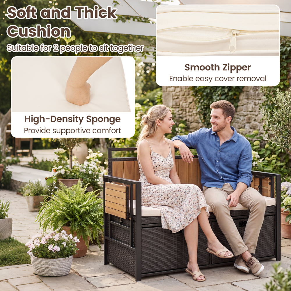 Outdoor storage bench with soft cushion, acacia wood backrest, and two side tables for cozy outdoor lounging.