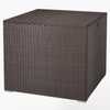 Square 72-gallon outdoor storage box in brown PE rattan, doubles as a coffee table, ideal for patio or backyard use.