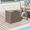 Brown outdoor storage box with wicker-woven texture, 25-gallon capacity, ideal for cushions and pool supplies.