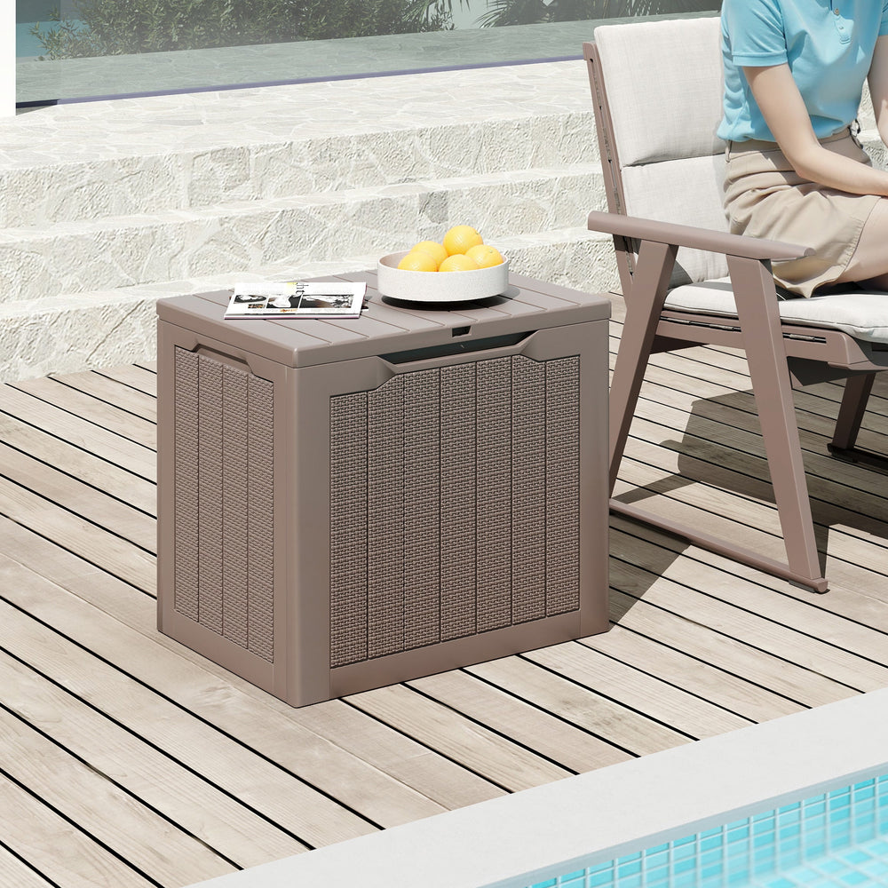 Brown outdoor storage box with wicker-woven texture, 25-gallon capacity, ideal for cushions and pool supplies.