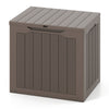 Brown outdoor storage box with wicker-woven texture, 25-gallon capacity, lockable lid, ideal for cushions and tools.