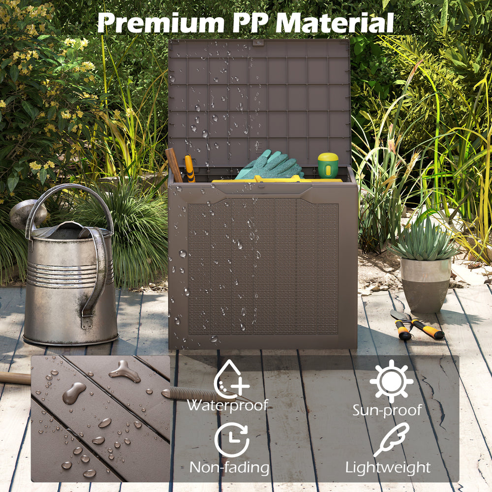 Outdoor storage box with wicker-woven texture, made of waterproof PP material, perfect for cushions and gardening tools.