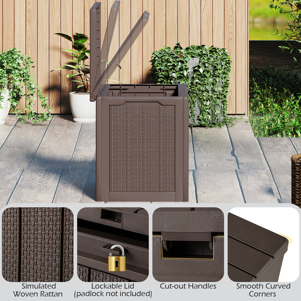 Brown outdoor storage box with a lockable lid, wicker-woven texture, and cut-out handles for easy access and movement.