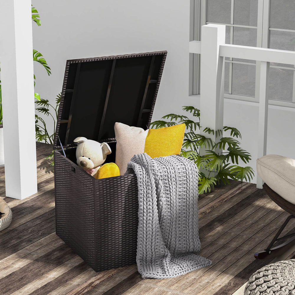 Rattan outdoor storage box with zippered liner, 72-gallon capacity, ideal for backyard or poolside use.