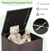 Rattan outdoor storage box with 72-gallon capacity, featuring a sturdy pneumatic rod, ideal for backyard or poolside.