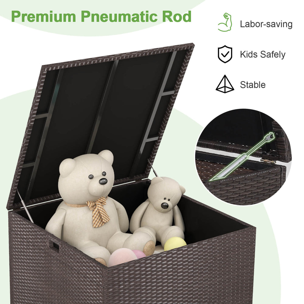 Rattan outdoor storage box with 72-gallon capacity, featuring a sturdy pneumatic rod, ideal for backyard or poolside.