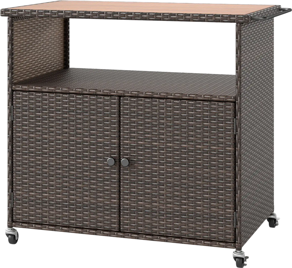 Outdoor Storage Cabinet with Acacia Wood Top and Lockable Wheels