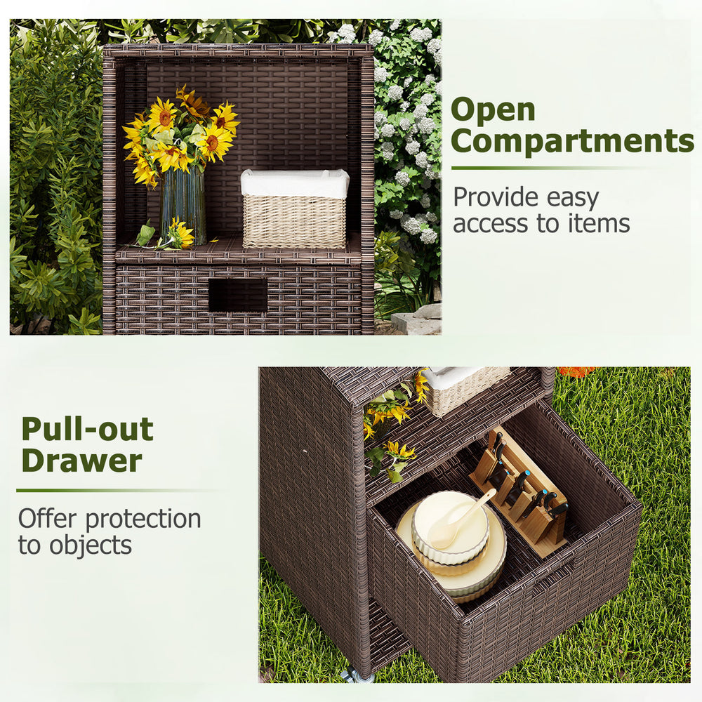 Outdoor storage cabinet featuring open compartments and a pull-out drawer, made of hand-woven PE rattan for backyard.