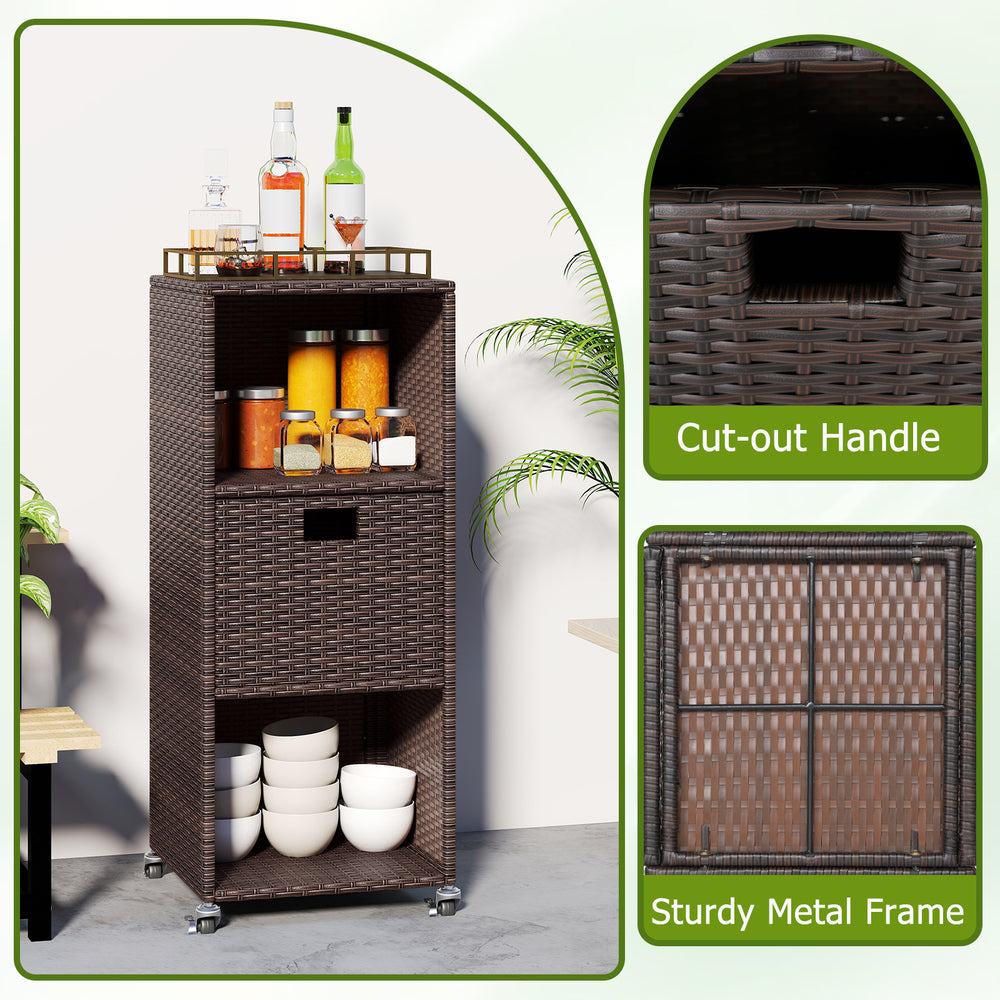 Outdoor storage cabinet showcasing a cut-out handle and sturdy metal frame, perfect for organized backyard storage.