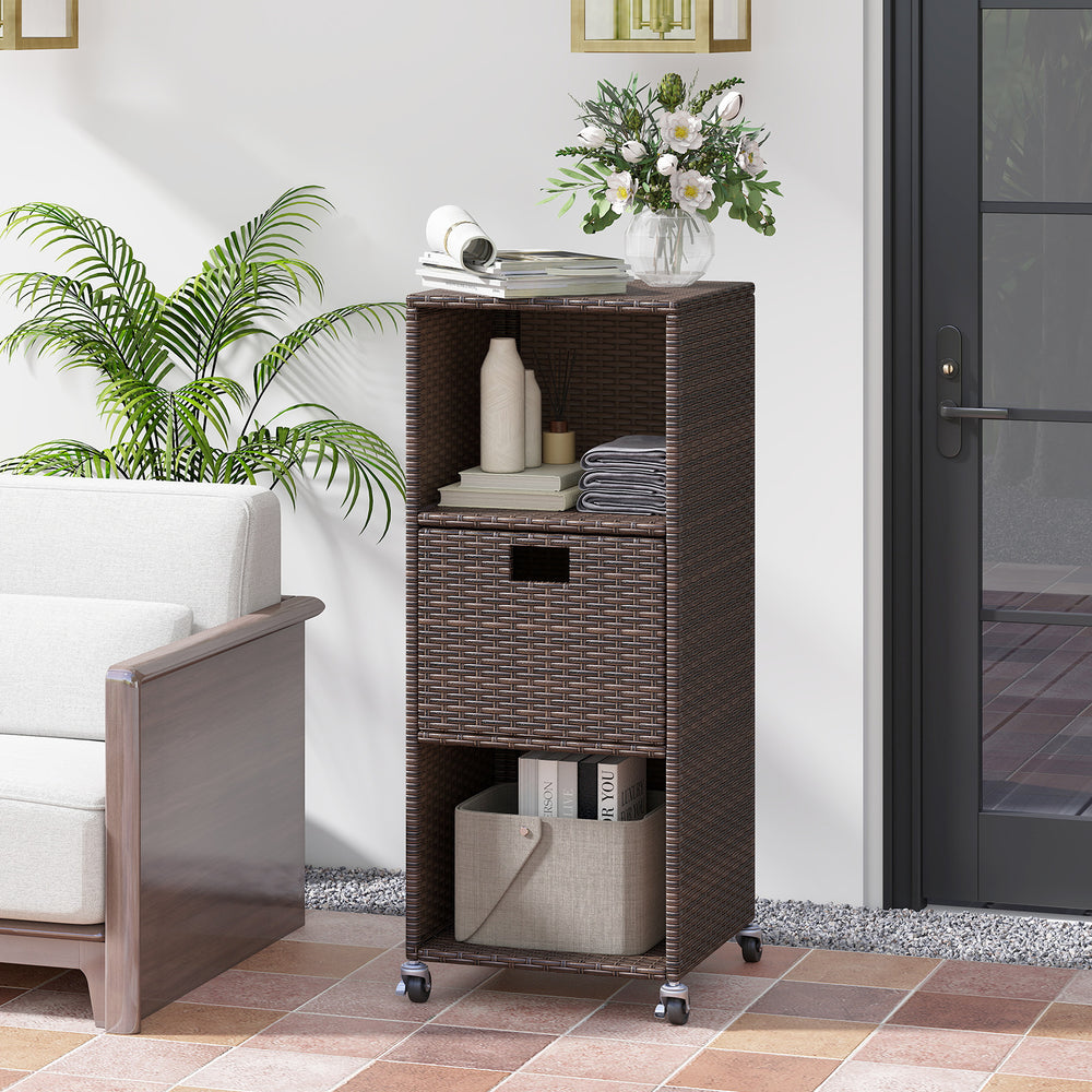 Outdoor storage cabinet on wheels with 3 shelves and a drawer, made of hand-woven PE rattan, perfect for easy mobility.