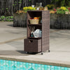 Outdoor storage cabinet with 3 shelves and drawer, made of hand-woven PE rattan, ideal for poolside organization.
