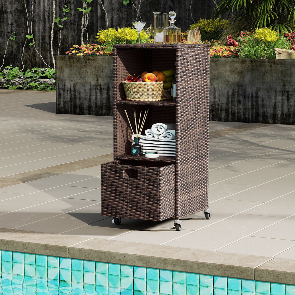 Outdoor storage cabinet with 3 shelves and drawer, made of hand-woven PE rattan, ideal for poolside organization.